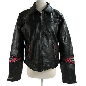 Diamond Plate Black Leather Bomber Biker Jacket 'Girls Love To Have Fun' Size XL
